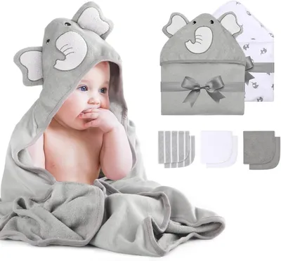 Produktbild von momcozy Baby Badetuch Set, 8-teiliges Babyhandtuch Set, 2X Baby Kapuzenhandtuch 76X76 cm und 6X Baby Waschlappen 24x24cm, Babyhandtuch mit Kapuze