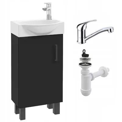Produktbild von Stamar Badezimmerschrank Stehend mit Waschbecken 40 Schwarz Matt Armatur Chrom Drehbar