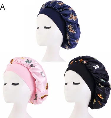 Produktbild von 3 Stück Nachtmützen Satinhaube Extra große Schlafhaube Bequemer Schmetterlingsdruck Elastisches Band Hohe Dichte Damen Zöpfe Lockige Nachtmütze A