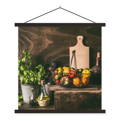 Produktbild von MuchoWow® Textilposter Gemüse - Kräuter - Rustikal - Stilleben - Basilikum 60x60 cm mit schwarzem Rahmen - Posteraufhänger