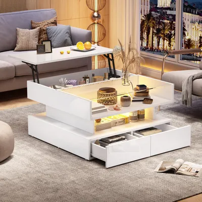Produktbild von Couchtisch Höhenverstellbarer Kaffeetisch mit Verstecktem Stauraum und 2 Schubladen Sofatisch mit LED-Leuchten Wohnzimmertisch aus gehärtetem Glas