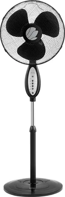A black and silver stand fan against a white background.