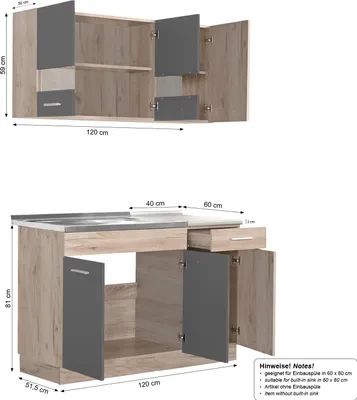 Image de Cuisine linéaire Homestyle4u, largeur 120 cm, sans appareils, en bois mat gris. Cuisine intégrée, idéale pour les studios ou les petits espaces