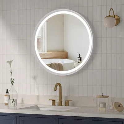 Produktbild von AQUABATOS Wandspiegel Dekorspiegel runder Badezimmerspiegel Ø 60 cm LED Badspiegel mit 6400K & 3000K Beleuchtung Mattweißer Aluminiumrahmen Antibeschlag