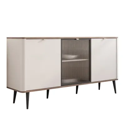 Produktbild von Dreitürige Kommode mit Glas NAVANI 160 cm Aufbewahrungsschrank Kaschmir + Nussbaum Stehend Stauraummöbel Soft-Close-System Stauraum TV-Kommode mit Glas Kommode mit Türen Geriffelte Schrank mit goldene Griffe Wohnzimmer