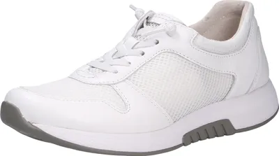 A white women's sneaker with gray accents.