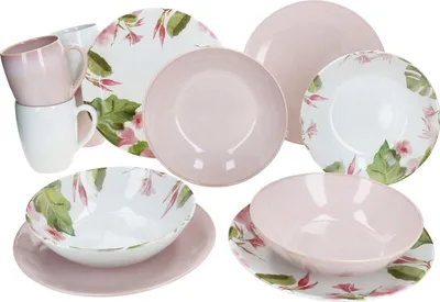 Produktbild von Ossia 12tlg Exotic Tearose rosa Frühstücksset Steingut Teller Becher Schale