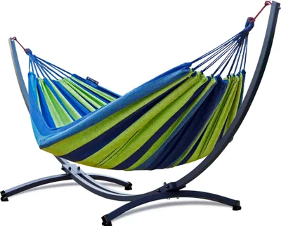 Produktbild von Potenza Outdoor Hängematte mit Gestell für 2 Personen I Baumwolle Doppelhängematte XXL 220x160, 200kg I Hängemattengestell 220kg, wetterfest