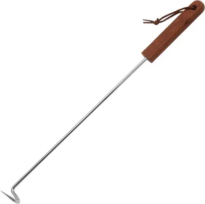 A long metal grill hook with a wooden handle and a leather loop for hanging.
