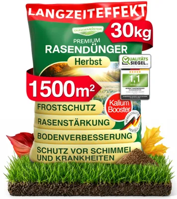 Produktbild von DÜNGEMEISTER Herbst Rasendünger – mit Langzeitwirkung und KaliumschutzPlus Formel für extrem winterfesten, sattgrünen Rasen! Perfekte Widerstandsfähigkeit gegen Frost & Krankheiten (30kg)