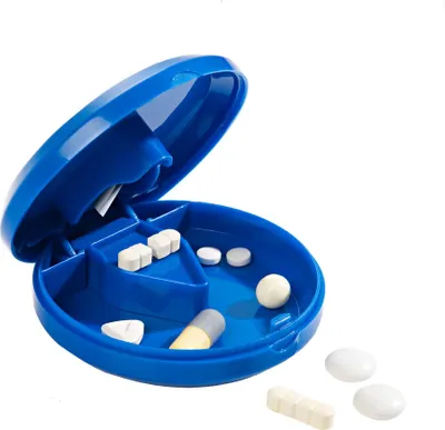 Produktbild von Tablettenteiler Pillenteiler 2in1 Medikamentenbox Pillendose rund Tablettenbox