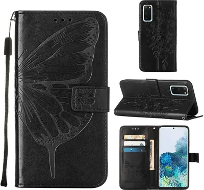 Produktbild von Galaxy S20 Hülle, Schmetterling Prägung Flip Leder Kartenfächer Schutzhülle Ledertasche mit Ständer für Samsung Galaxy S20 Schwarz