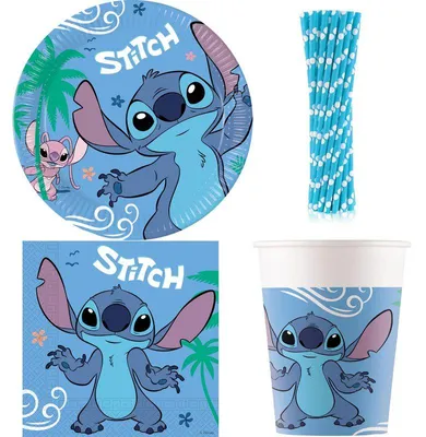 Produktbild von Partygeschirr Stitch Partyset Kindergeburtstag Party Geburtstag-Deko Dekoration Teller Becher Servietten Einweggeschirr Lilo Angel