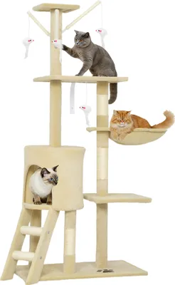 Immagine prodotto di PawHut Tiragraffi 134 cm di altezza Tiragraffi per gatti con cuccia, 4 giocattoli, tronchi in sisal, ampia piattaforma, scaletta, tiragraffi a più piani, albero per arrampicarsi, peluche, per gatti di peso inferiore a 5 kg, beige