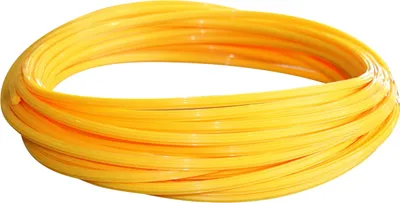A coil of yellow trimmer line on a white background.
