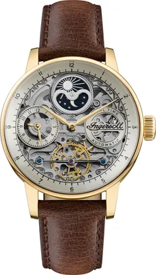 A close-up studio shot of a men's automatic watch with a skeleton dial and a brown leather strap.
