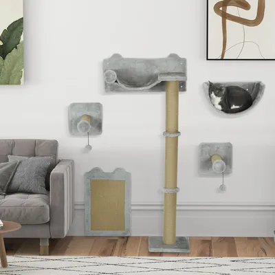 Produktbild von SUGIFT Katzen Kletterwand Set 5-teilig wandmontiert, Wandkratzbaum Katzenbett Kratzpfosten Kratzbrett, Hellgrau | 60 x 32 x 140 cm | 10,86 kg | Spanplatte
