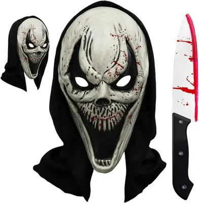 Productafbeelding van Horrormasker "Scream" van latex, standaardmaat, met een bloedig mes, geschikt voor Halloween