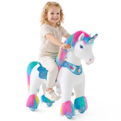 Produktbild von PonyCycle Modell Y Plüsch Reit-Einhorn Spielzeug für Kinder 3-4, Regenbogen Einhorn auf Rädern mit Geräuschen und Bremse – Y354