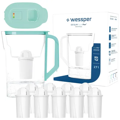 Produktbild von Wessper D3 SLIM FutureFlow™ Wasserfilterkanne 2,7 l Mint mit Filterwechselanzeige und 10x Aquaclassic Filterkartusche