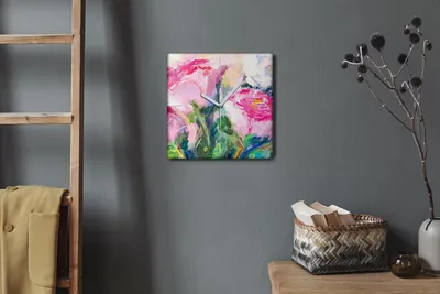 Produktbild von Coloray Hodiny Unikátní 30x30 cm  Tiché hodiny Pro obývací pokoj a kuchyň Nástěnné hodiny Plátno Bílé ručičky hodin - Malování květin