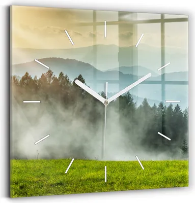 Produktbild von Wallfluent Wanduhr – Stilles Quarzuhrwerk - Uhr Dekoration Wohnzimmer Schlafzimmer Küche - Zifferblatt mit Striche - weiße Zeiger - 30x30 cm - Berglandschaft
