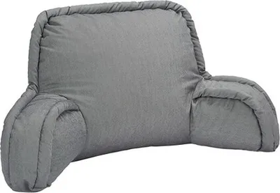 A gray backrest pillow with armrests is shown against a white background.