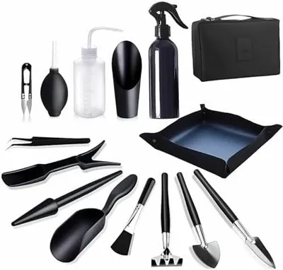 Produktbild von Bonsai Werkzeug Set 15 Stš¹ck mit wasserdichte Umtopfmatte & Aufbewahrungstasche,Mini Gartenger?te Gartenwerkzeug Set fš¹r Gartenarbeit, Umtopfen, Sukkulenten, Pflanzenpflege (Schwarz)