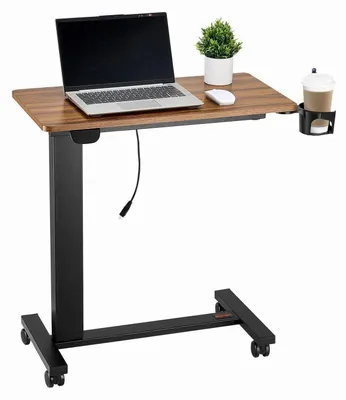 Image de Table de chevet mobile avec réglage de hauteur électrique et 4 roulettes, réglable en hauteur de 76 à 118,5 cm, avec porte-gobelet