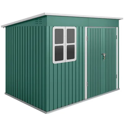 Produktbild von Metall-Geräteschuppen zur Aufbewahrung von Gartengeräten, mit Fenster und breiter Tür, Außenmaße 260 x 177 x 190 cm, wetterfest, Grün