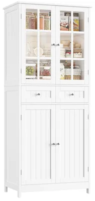 Image de Armoire de cuisine - Buffet de 180 cm - 2 portes vitrées - 4 portes et 2 tiroirs - Armoire haute polyvalente pour cuisine - MDF - Blanc