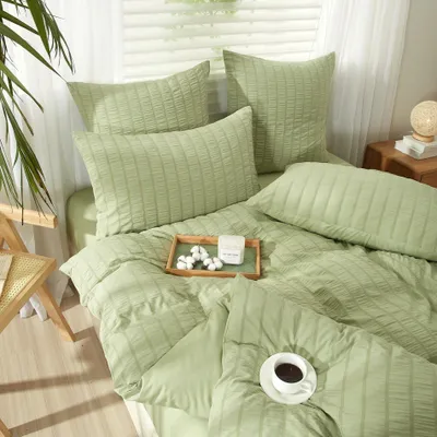 Productafbeelding van Gestreept perkal katoenen beddengoed, 155x220 cm, groen