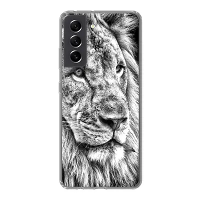 Produktbild von MuchoWow® Handyhülle Schutzhülle Hülle für Samsung Galaxy S21 FE Porträt - Löwe - Schwarz und weiß Silikon Softcase Handy Hülle - Mobiltelefonhülle