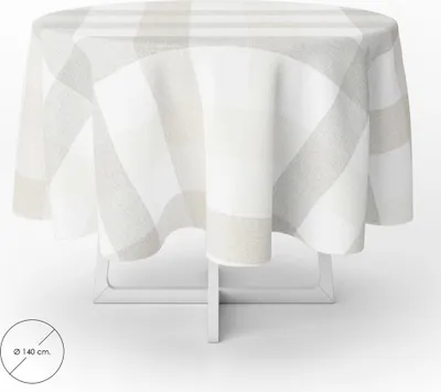 Produktbild von Beige karierte runde Wachstuch-Tischdecke, wasserdicht, schmutzabweisend, PVC, Ø 140 cm. Verwendung im Innen- und Außenbereich