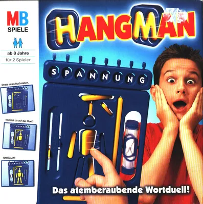 The image is the box art for the board game Hangman, featuring a surprised child and game components.