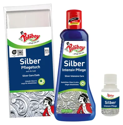 Produktbild von POLIBOY Silberpflege Set - Silber Intensiv Pflege & Silber Pflegetuch zur Reinigung von Schmuck, Besteck & Dekoration - Für Silber, Gold & Versilbertem - Mit Produktprobe - Germany – Größe Set