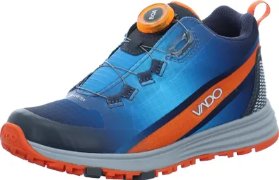 A single blue and orange children's boot with a grey sole is shown against a white background.