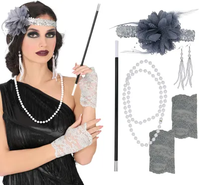 Imagen del producto de Accesorios para disfraz con temática glamurosa de los años 20: collar de perlas, diadema, collar con plumas, guantes. Color: gris