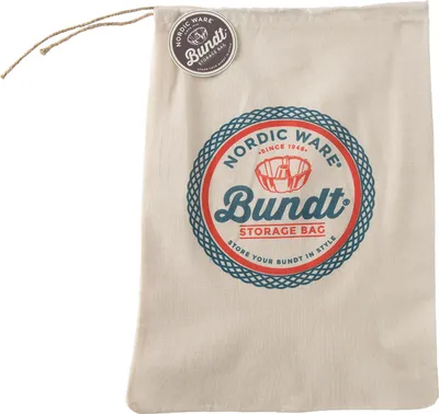 A beige fabric storage bag with a circular logo printed on it.