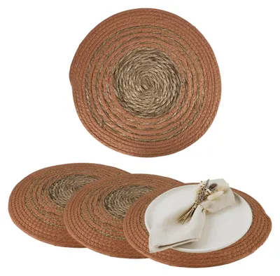 Produktbild von Platzmatten Bast Boho Rund, Platzsets Esstisch 36cm, Geflochtene Dekorationsunterlage Tischdeko Seegras, Bunter Spiral-Farbverlauf Orange Terracotta 4 Stück