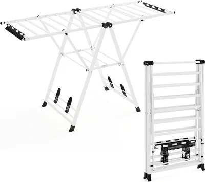 Obrázek produktu pro COSTWAY Skládací oděvní kůň s nastavitelnými křídly, klipy na ponožky a stojanem na boty, rozkládací sušák na prádlo, sušák na prádlo, bílý, 163 cm