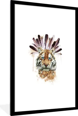 Produktbild von MuchoWow® MuchoWow® Gerahmtes Poster Tiger - Federn - Weiß 60x90 cm - Poster mit zchwarzem Bilderrahmen - Dekoration - Wandposter Wohnzimmer - Hochwertig