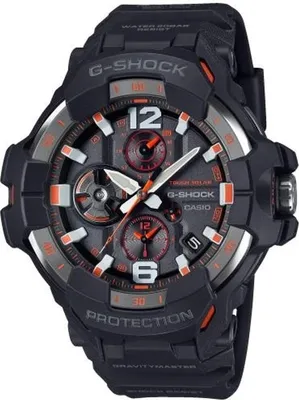 A close-up studio shot of a black G-Shock Gravitymaster watch with orange accents.