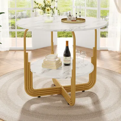 Produktbild von Flieks Rundtisch mit Platte in der Mitte zur Aufbewahrung, Esstisch 80x80x76 cm, Küchentisch mit marmorierter Tischplatte und goldenen Metallbeinen