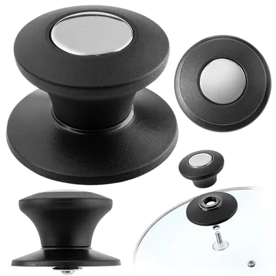 A collection of black pot lid handles with silver accents, displayed on a white background.