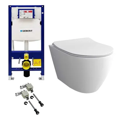 Produktbild von Alpenberger Wand WC Spülrandlos mit WC Sitz mit Absenkautomatik | Badezimmer Set Kloschüssel mit WC Spülkasten und Bausatz | Vorwandelement WC Komplett Set | Passend Geberit