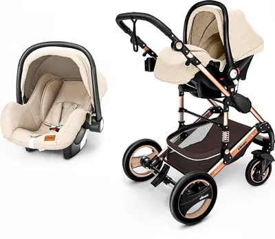 Produktbild von Kiduku Kinderwagen Komplettset, Kombikinderwagen Set inkl. Babywanne Buggy Auto-Babyschale Fußsack, Voll-Gummireifen Wickeltasche Regenschutz Kindertisch (Beige/Braun)