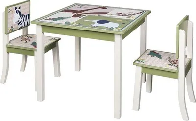 Zdjęcie produktu dla Drewniany stół z 2 krzesłami w zwierzęce wzory dla dzieci