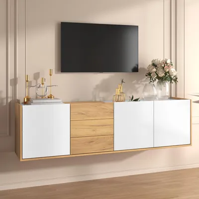 Immagine prodotto di Mobile TV Merax con ante e cassetti, mobile TV basso da parete con spazio contenitivo, mobile TV con ripiani interni regolabili, bianco + legno