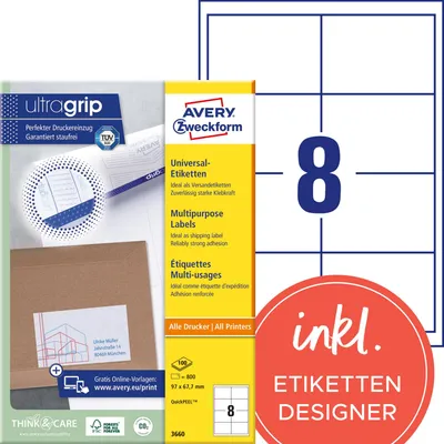 Image de Avery Zweckform 3660 Étiquettes universelles, 97 x 67,7 mm, Convient pour Deutsche Post INTERNETMARKE, 100 feuilles/800 étiquettes, blanc